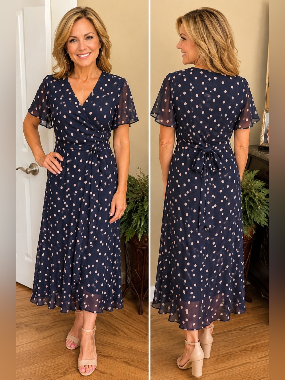 Tacera Navy Polka Dot Faux Wrap Midi Dress Size Medium | Flutter Sleeve